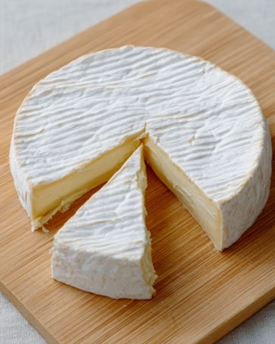 A round soft white cheese wheel with faint ridged patterns on the surface sits on a wooden board. One large wedge is cut and slightly pulled out, showing the creamy light yellow inside with a smooth texture. The cheese has a thin white rind that wraps around its edges, contrasting with the softer interior. The wooden board has a natural light brown color and smooth finish. photo taken with an iphone --ar 4:5 --v 7