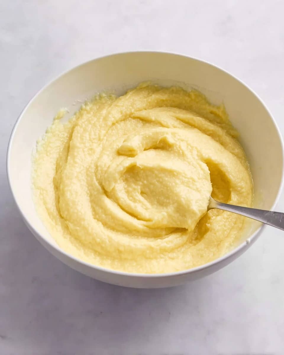 A white bowl filled with a thick, creamy yellow mixture with a slightly grainy texture, resembling batter or thick custard. The mixture is heaped in the center with some smooth swirls around it and slight splashes on the bowl’s inner sides. A metal spoon is partially inserted into the mixture on the right side, showing reflections on its handle. The bowl sits on a white marbled surface. photo taken with an iphone --ar 4:5 --v 7