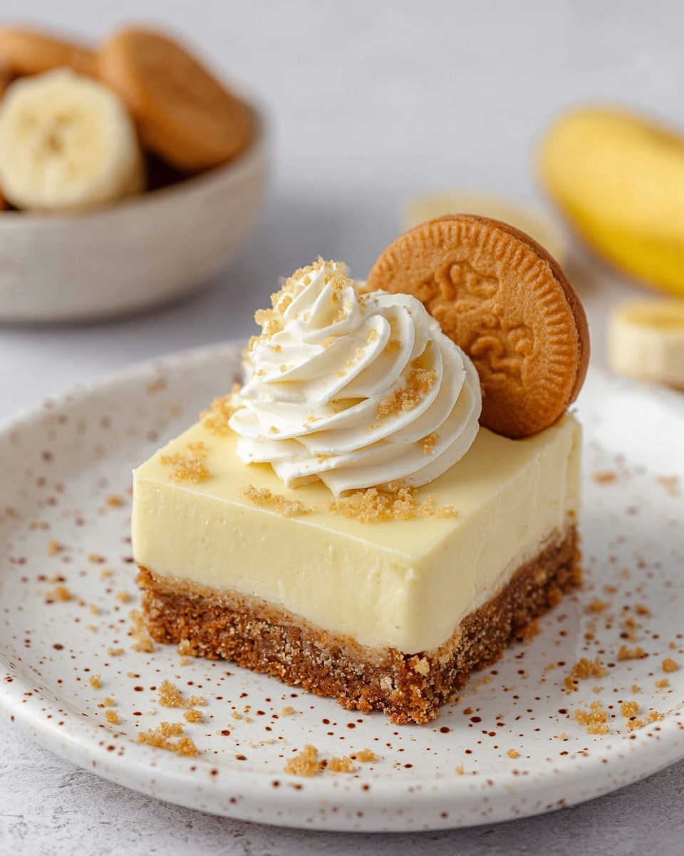 A square slice of banana dessert sits on a white plate with dark speckles, placed on a white marbled surface. The dessert has three layers: a thick, crumbly light brown base, a smooth creamy pale yellow middle layer, and a topping of white whipped cream swirled in the center. On top of the whipped cream, there is a round beige cookie and a single banana chip leaning against each other. There are small crumbs scattered on the whipped cream and plate. In the background, there is a bowl filled with banana chips and more round beige cookies on the surface. photo taken with an iphone --ar 4:5 --v 7