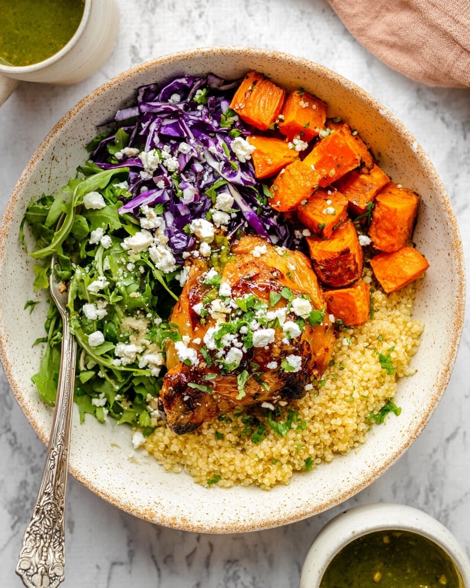 A white speckled bowl holds a vibrant dish with five main layers. In the center, there is a browned, grilled piece of chicken topped with white cheese crumbles and small green herb pieces. To the top right is a fresh green salad with leafy greens and a light drizzle of creamy dressing. The bottom right features a small portion of fluffy, light-colored quinoa mixed with chopped herbs. On the left side, there are two sections: one with bright orange roasted carrot sticks and cubes, and the other with shredded purple cabbage, also lightly dressed and sprinkled with cheese. A decorative metal fork rests on the edge of the bowl, and the dish is set on a white marbled surface. photo taken with an iphone --ar 4:5 --v 7