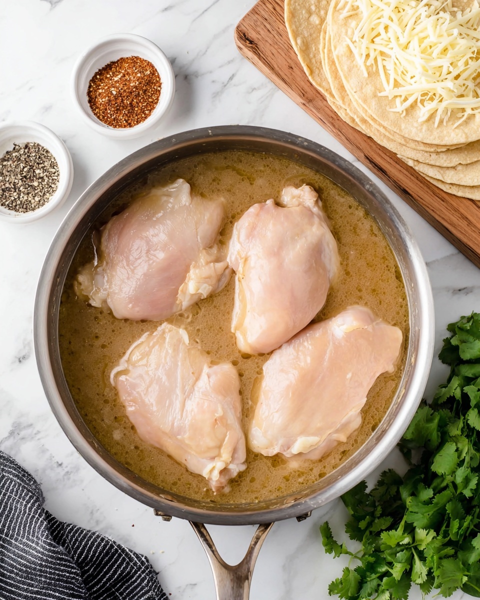 A metal pan filled with four pieces of light pink raw chicken soaked in a light brown broth with a smooth texture, placed on a white marbled surface. To the top right, a wooden board holds a stack of round, light yellow tortillas and a pile of shredded white cheese next to fresh green cilantro leaves. To the left of the pan, there are small white bowls containing a red-brown spice and black pepper, with a black and white striped cloth partially visible in the bottom left corner. Photo taken with an iphone --ar 4:5 --v 7