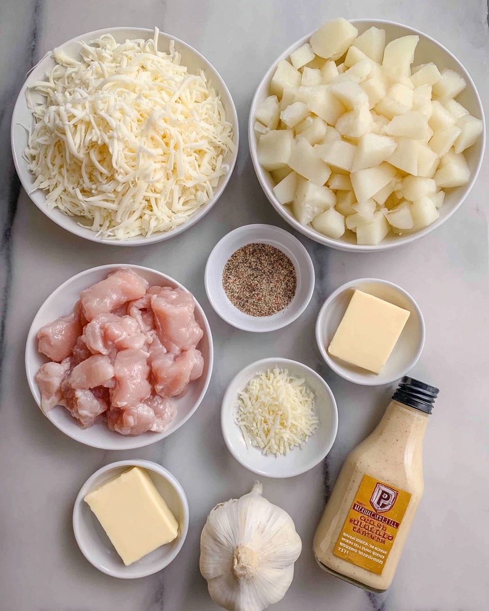 The image shows several bowls and a bottle of sauce arranged on a white marbled surface. There are four main bowls: a large white plate filled with shredded white cheese at the top left, a large white bowl filled with diced pale yellow potatoes at the top right, a medium white plate holding small raw pale pink chicken pieces at the bottom left, and two small white bowls in the center containing salt and pepper mixed spices in one and minced garlic in the other. Next to them is a small white bowl with two rectangular pale yellow butter pieces. To the right of all the bowls is a bottle of creamy beige Parmesan garlic sauce with a yellow label. photo taken with an iphone --ar 4:5 --v 7
