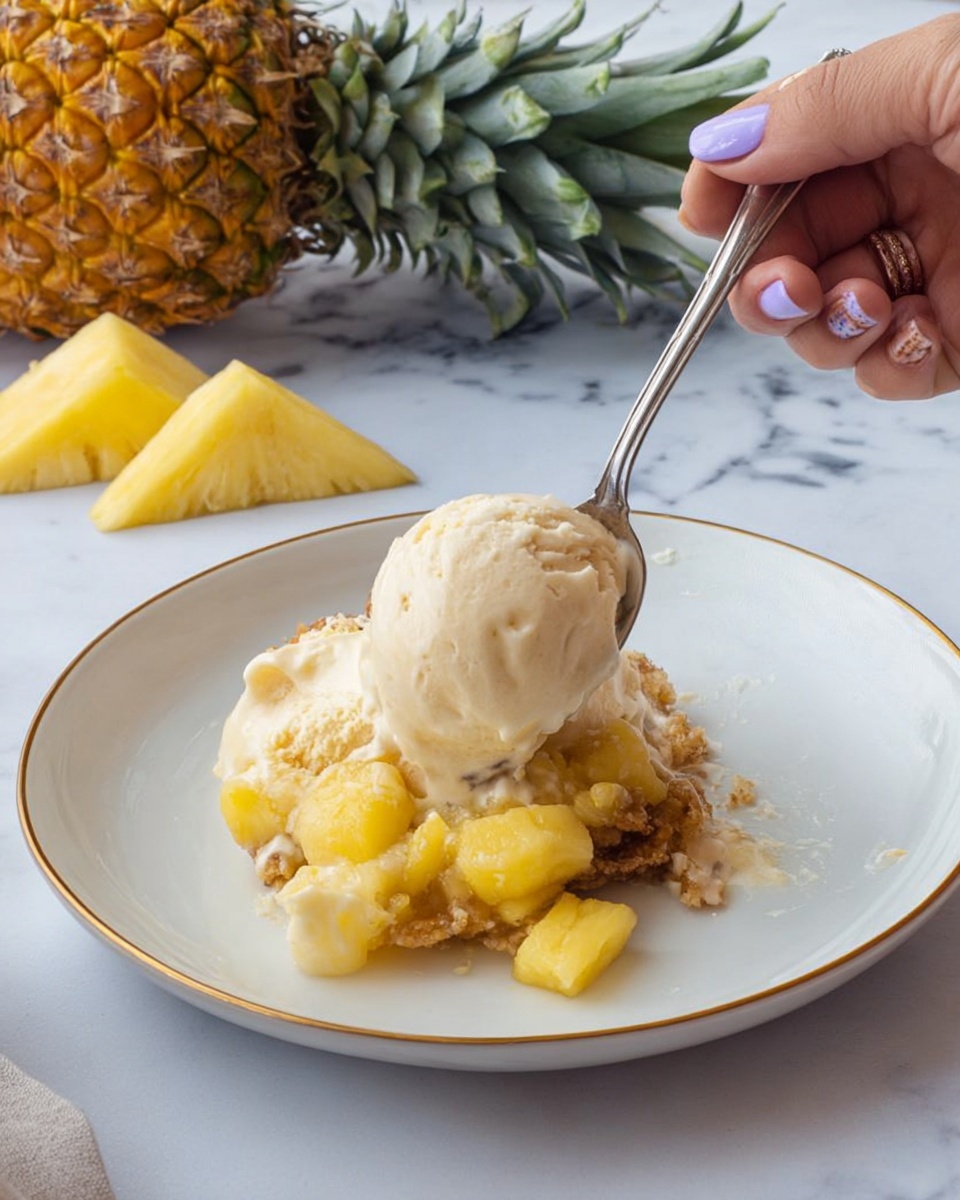 The image shows a dessert served on a white plate with a thin gold rim, placed on a white marbled surface. The dish has two visible layers: the bottom layer consists of soft, chunky yellow pineapple pieces mixed with a crumbly, slightly brown cake or crust base, while the top layer features a scoop of creamy, light beige ice cream that begins to melt and blend with the pineapple layer. A woman's hand with lilac nail polish holds a silver spoon, scooping a mix of the pineapple and ice cream. In the background, there is a whole pineapple and two wedges of fresh pineapple, adding a fresh and natural touch. photo taken with an iphone --ar 4:5 --v 7