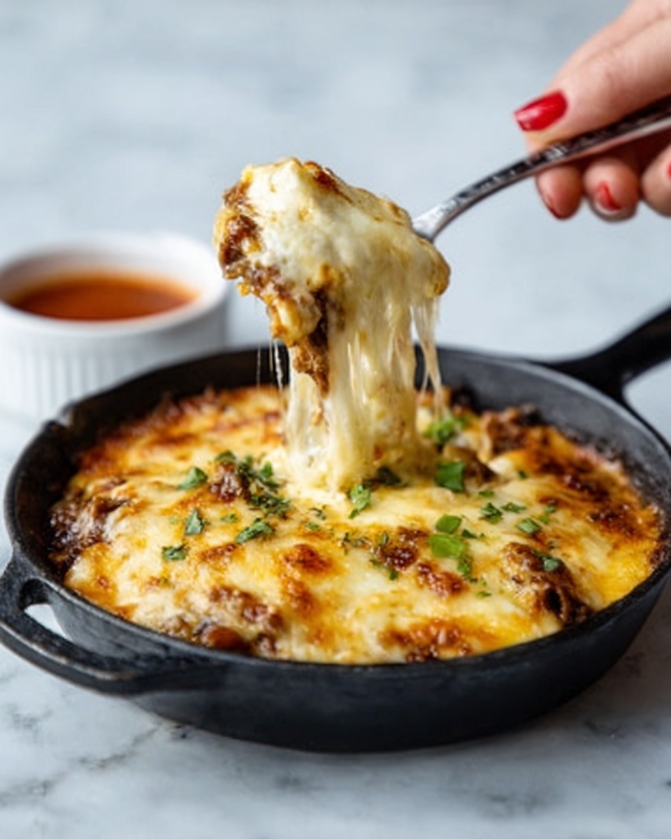 A black cast iron skillet filled with a golden-brown melted cheese dish. The top layer is covered with thick, stretchy cheese being lifted by a silver fork held by a woman's hand, showing its gooey texture. Underneath, there are visible bits of browned food, possibly meat or vegetables, mixed in the cheese. The skillet sits on a white marbled surface with a small white bowl of red sauce blurred in the background. Photo taken with an iphone --ar 4:5 --v 7