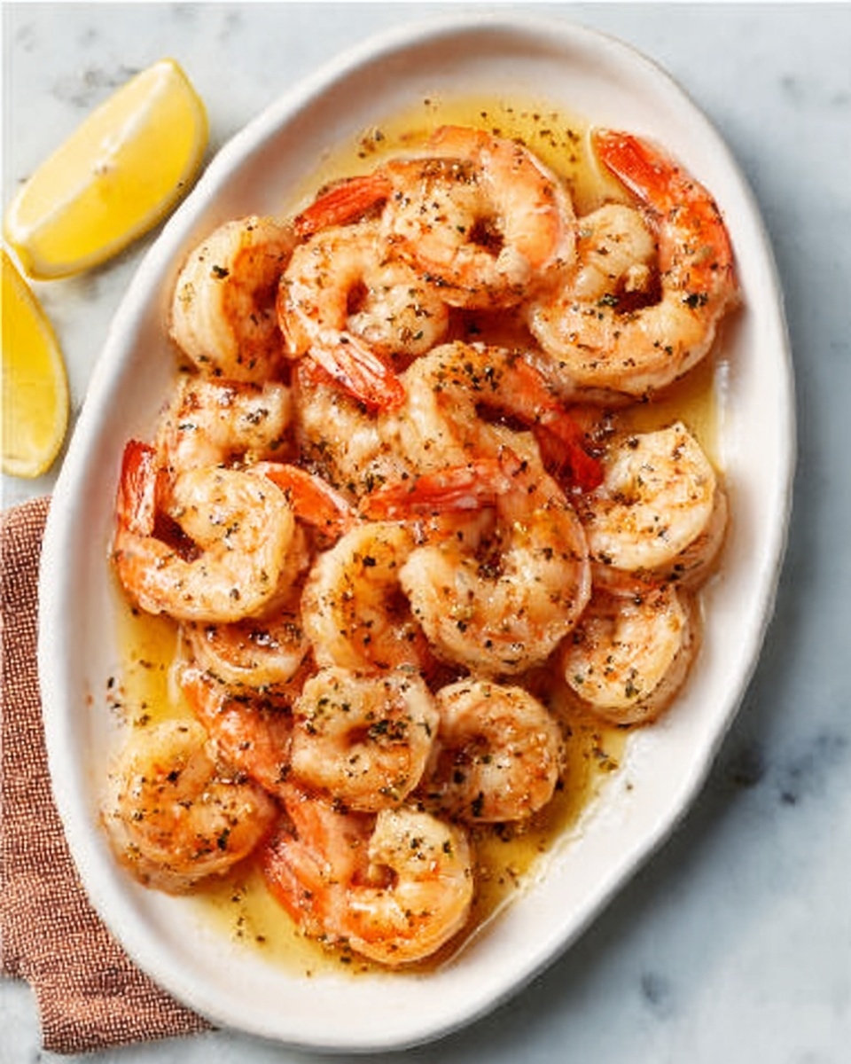 The image shows a white oval plate filled with two layers of cooked shrimp. The shrimp are pinkish-orange with darker seasoning spots, laid evenly on each other, covering the entire plate. There is a light golden sauce pooling underneath the shrimp, giving a shiny texture around the edges. The plate sits on a white marbled surface with a small piece of torn brown cloth near the bottom left and two lemon wedges placed nearby. Photo taken with an iphone --ar 4:5 --v 7