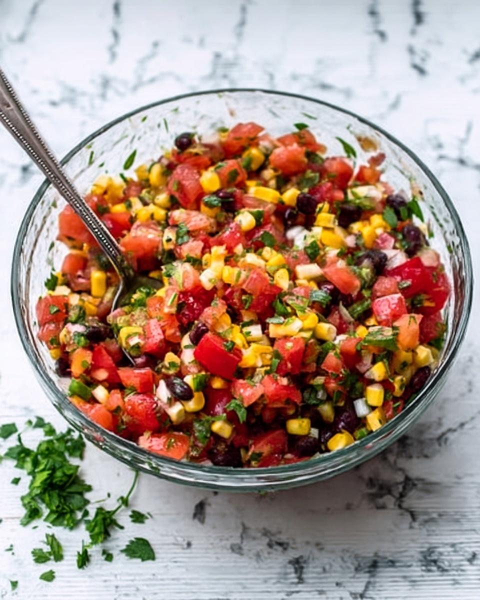 The image shows a clear glass bowl filled with a colorful mixed salad on a white marbled surface. The salad has bright red diced tomatoes, yellow corn pieces, chopped green herbs, dark beans, and small white chunks that look like cheese. A silver spoon is placed inside the bowl, ready to serve. The colors are bright and fresh, with each ingredient layered visibly to create a vibrant mix. A small bunch of green herbs is on the surface near the bowl. photo taken with an iphone --ar 4:5 --v 7