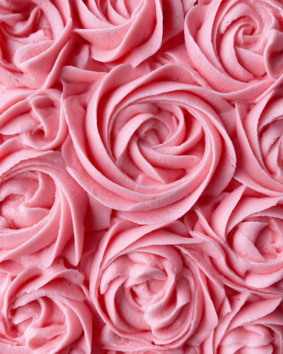 A close-up image showing many smooth, swirled pink frosting rosettes tightly packed together. Each rosette has soft, curved petals with a creamy texture, forming a delicate rose shape that fills the frame. The frosting has a uniform light pink color, creating a visually pleasing, floral pattern with raised, curving edges and gentle ridges. Photo taken with an iphone --ar 4:5 --v 7