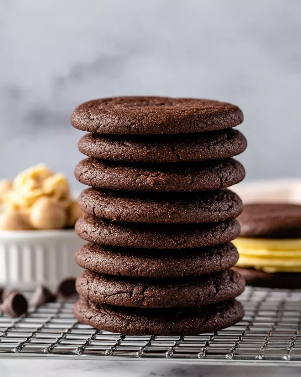 A tall stack of nine dark brown chocolate cookies sits on a metal cooling rack. Each cookie is round, flat, and slightly puffy with a soft texture and tiny cracks on the surface. In the blurred background, to the left, there is a small white bowl filled with light brown chocolate chip dough, and to the right, there is a sandwich cookie with similar dark cookies and a creamy yellow filling. The background is a white marbled surface with soft lighting. photo taken with an iphone --ar 4:5 --v 7