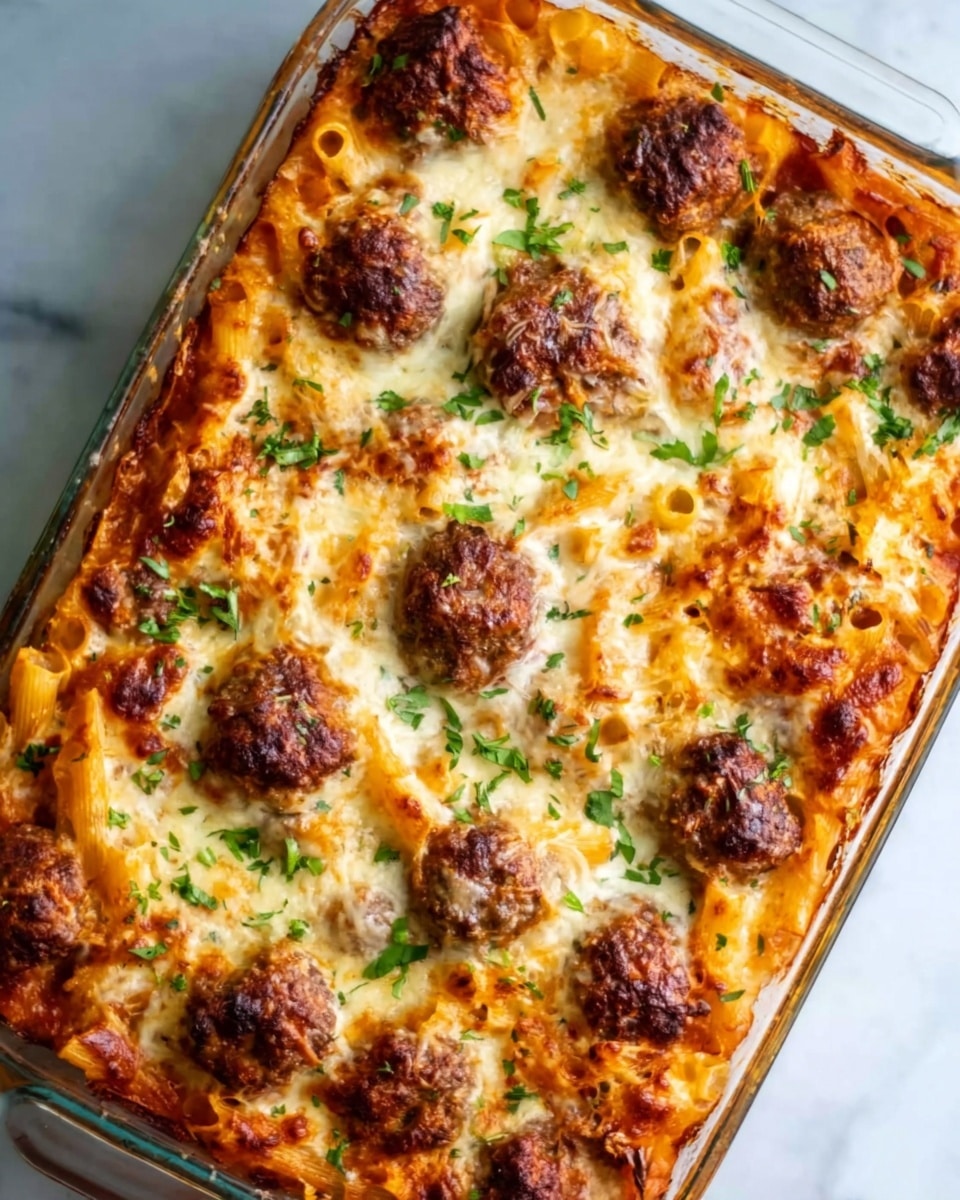 The image shows a rectangular glass baking dish filled with a baked pasta dish on a white marbled surface. The dish has a base layer of baked pasta with a sauce that looks creamy and cheesy, topped with several medium-sized browned meatballs spread evenly over the surface. The cheese on top is melted and golden brown in some spots, with scattered small green herbs sprinkled for color and freshness. The edges of the dish show some bubbly sauce and browned cheese, giving it a fresh-out-of-the-oven look. Photo taken with an iphone --ar 4:5 --v 7