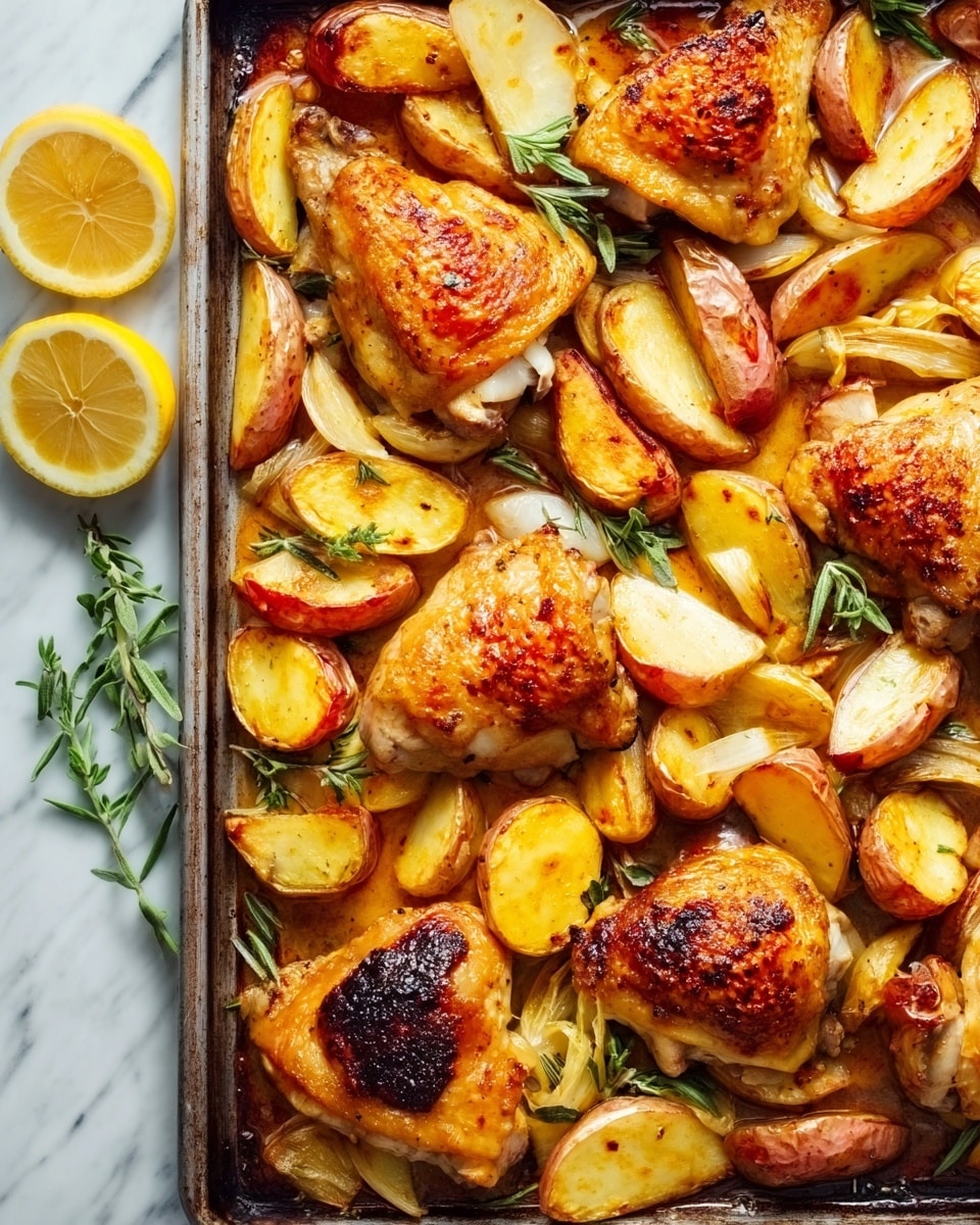 The image shows a baking tray filled with golden-brown roasted chicken thighs spread evenly among roasted potato slices and wedges. The chicken skin is crispy with some dark, caramelized spots that add texture. The potatoes have a mix of light and deeper golden colors, showing a crispy outside with soft, tender insides, layered next to the chicken pieces. Fresh green sprigs of herbs rest on the tray, adding a touch of color contrast at the bottom left. To the left side of the tray, three lemon wedges are placed on a white marbled surface for garnish. Photo taken with an iphone --ar 4:5 --v 7