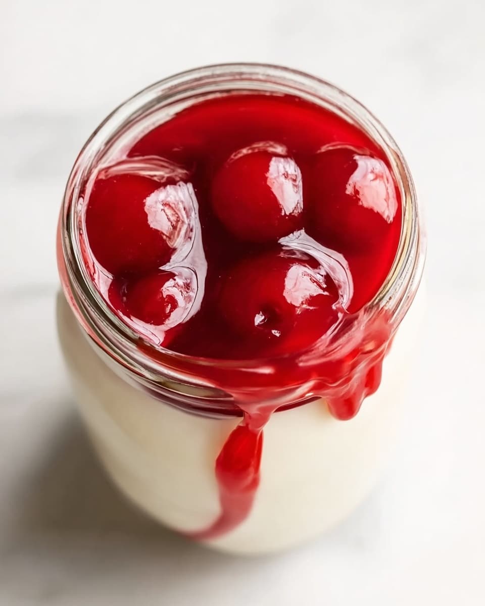 A close-up view of a glass jar filled with a smooth, creamy white layer at the bottom, topped with a shiny, thick red sauce that appears glossy and slightly translucent. The red sauce has a rich, vibrant color and gently spreads over the white creamy base, with some round cherry-like shapes visible within the sauce. The jar is placed on a white marbled surface, captured from above. Photo taken with an iphone --ar 4:5 --v 7