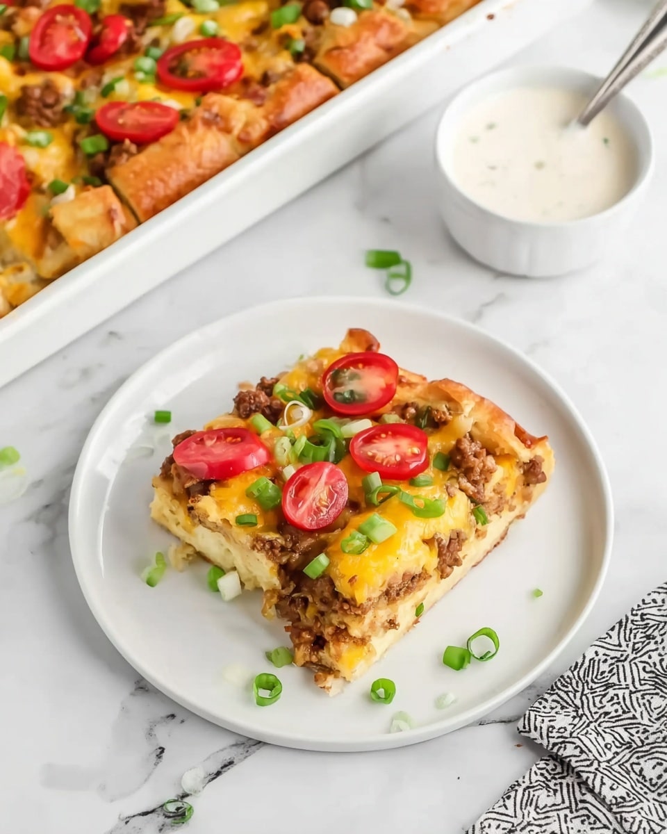 A slice of layered casserole sits on a white plate, showing a base of golden, soft bread or dough, topped with a layer of cooked ground meat mixed with melted yellow cheese. On top, there are bright red cherry tomato pieces and chopped green onions scattered evenly, adding pops of color and freshness. Above the plate, a rectangular white baking tray holds the rest of the casserole, with the same layers and toppings clearly visible, while a small white bowl filled with a creamy white sauce and a spoon rests nearby. The scene is set on a white marbled surface with part of a black and white patterned cloth visible to the side. photo taken with an iphone --ar 4:5 --v 7