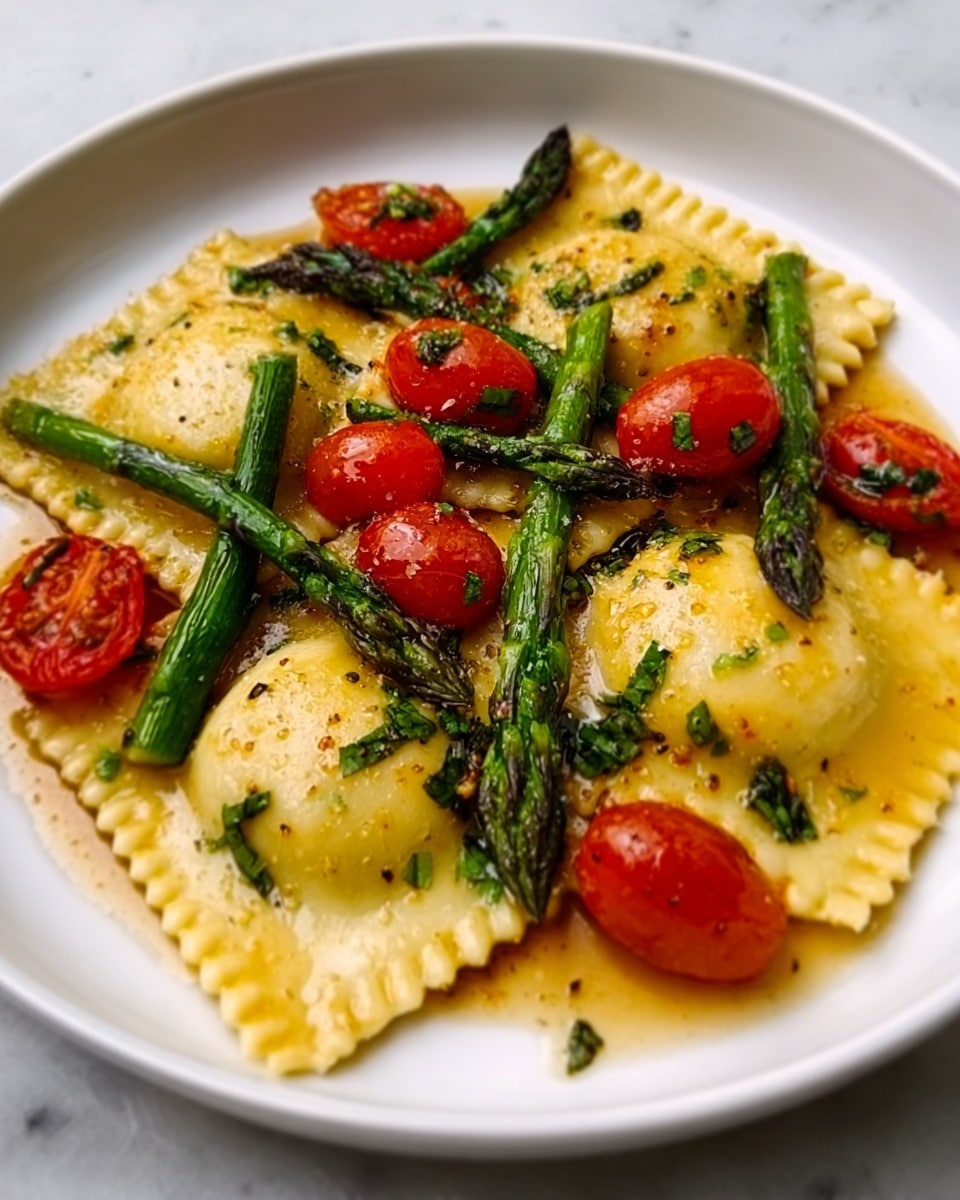 The image shows a white plate with four large ravioli pieces arranged in a loose pile. The ravioli are light yellow with slightly browned spots and smooth edges with a crimped pattern. On top and around the pasta, there are several bright green asparagus stalks placed diagonally and a few halves of shiny red cherry tomatoes. Small bits of chopped green herbs are sprinkled over the ravioli and vegetables, while a light brown sauce with a slight oily shine covers the entire dish, making it look moist and flavorful. The plate is set on a white marbled surface. Photo taken with an iphone --ar 4:5 --v 7