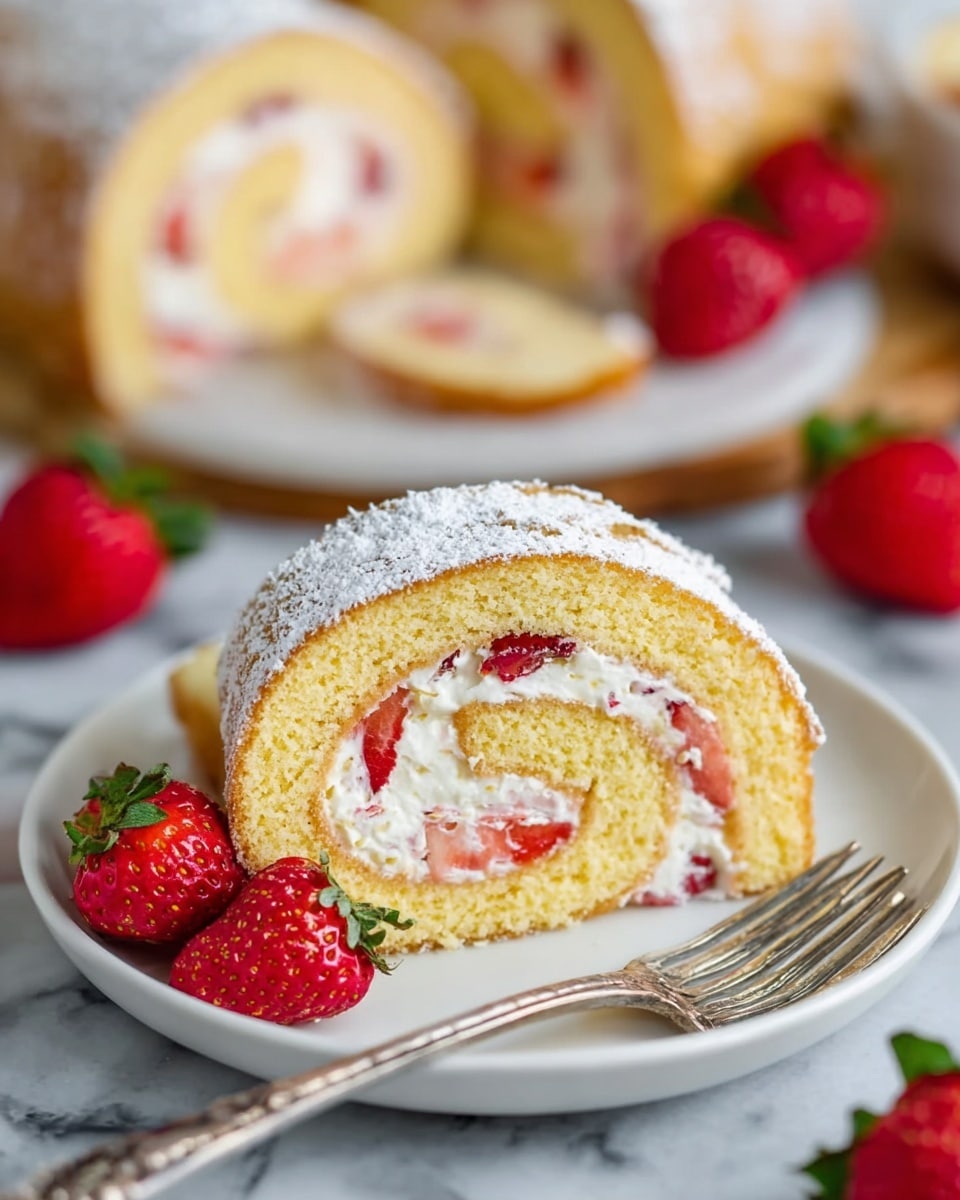 The image shows a white plate with a spiral cake slice in the center. The cake has three layers: a light yellow sponge outer layer dusted with powdered sugar, a white creamy middle layer with visible pieces of red strawberries, and a thin inner spiral of the light yellow sponge. Around the cake slice, there are whole and halved bright red strawberries with green leaves. A silver fork lies on the bottom left of the plate. The background is a white marbled surface with another slice of the spiral cake blurred in the back. Photo taken with an iphone --ar 4:5 --v 7