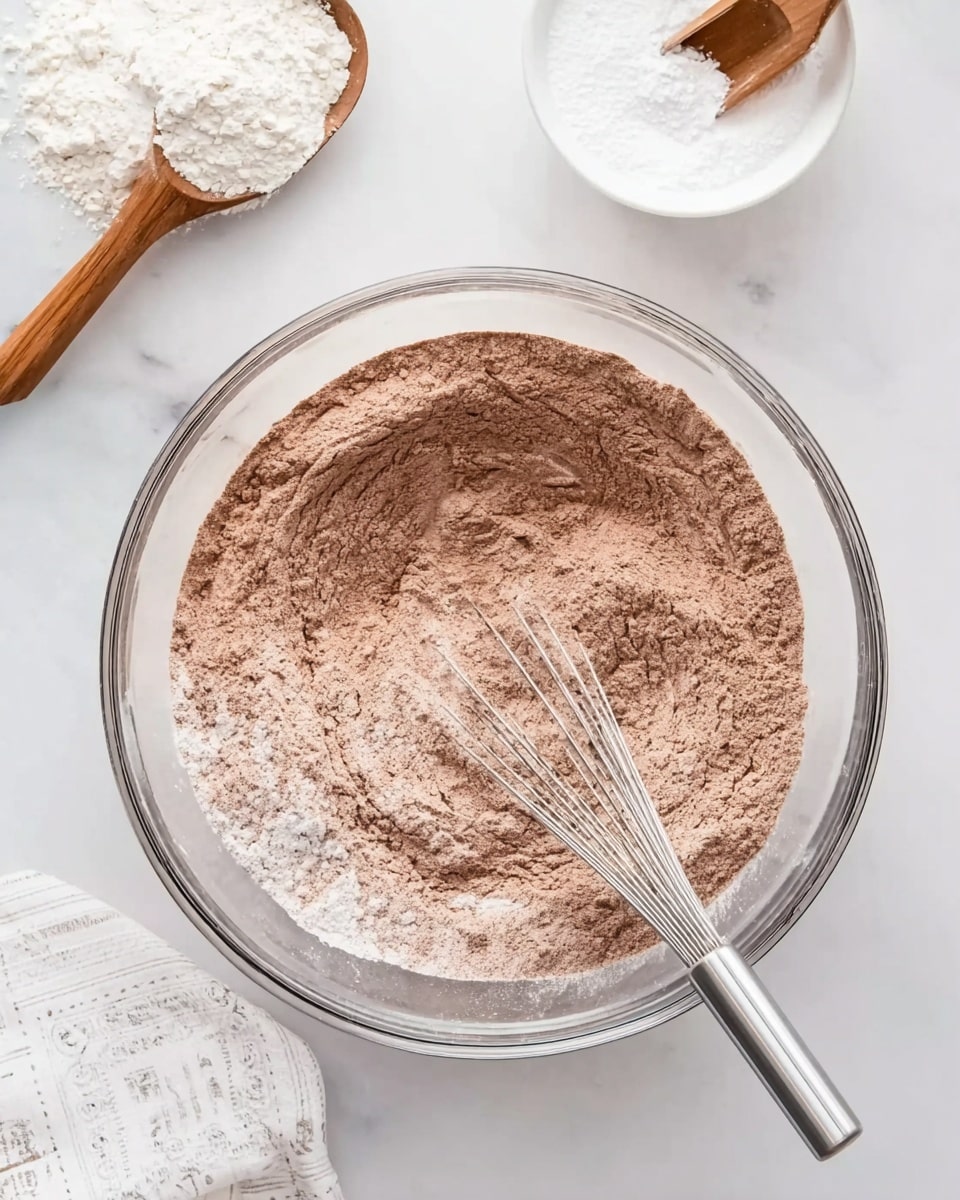 A clear glass bowl sits on a white marbled surface, filled with a dry mix of light brown cocoa powder, pale beige flour, and white baking powder and baking soda, all blended together. A silver whisk rests inside the bowl among the mixture, showing faint lines where it was stirred. To the upper right, there is a small white bowl with white baking powder or soda and a small wooden spoon sticking out. In the top left, a wooden measuring spoon filled with white flour rests on the surface. A white cloth with subtle light grey patterns is partially visible at the bottom left. Text in black uppercase letters on a semi-transparent white banner overlays the top center of the image, reading