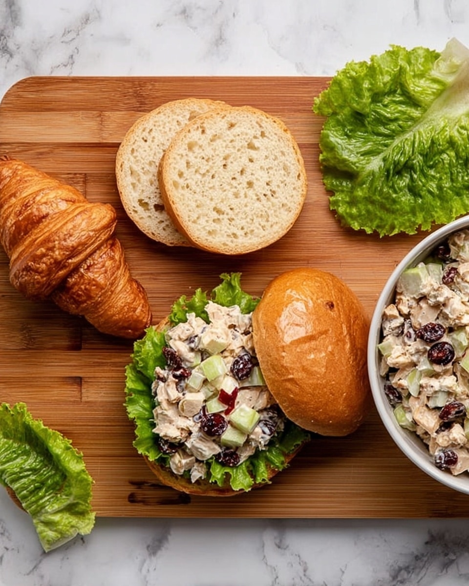 The image shows a wooden cutting board on a white marbled surface with a croissant on the left side. Next to the croissant are two halves of a round sandwich roll with a light golden crust and porous texture. On the right side, a sandwich is in progress: the bottom half of the bread roll is topped with green leafy lettuce, a creamy chicken salad with small pieces of chicken, red apple, celery, and dark dried cranberries. The top half of the bread roll is placed nearby with green lettuce on top, ready to close the sandwich. To the right edge of the image, a white bowl with more chicken salad can be seen. Photo taken with an iphone --ar 4:5 --v 7