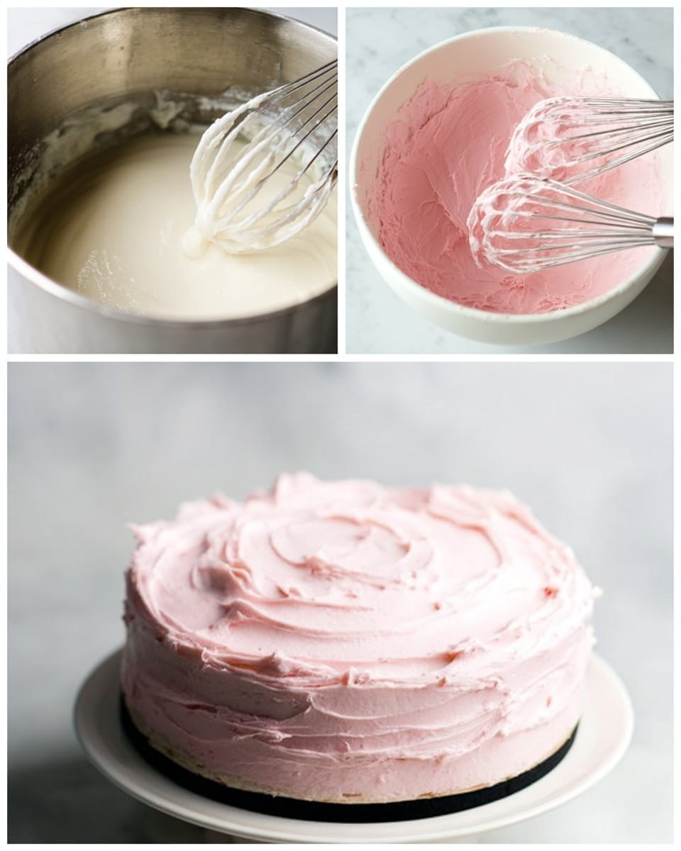 The first part shows a shiny silver pot filled with smooth, creamy white batter being mixed with a metal whisk on a white marbled surface. The second part shows thick light pink frosting with a soft, fluffy texture on metal whisk beaters over a white bowl, against a white marbled background. The last part shows a round layered cake on a white cake stand with a black ribbon on a white marbled surface, covered fully with a thick, evenly spread light pink frosting with swirled patterns on top. photo taken with an iphone --ar 4:5 --v 7