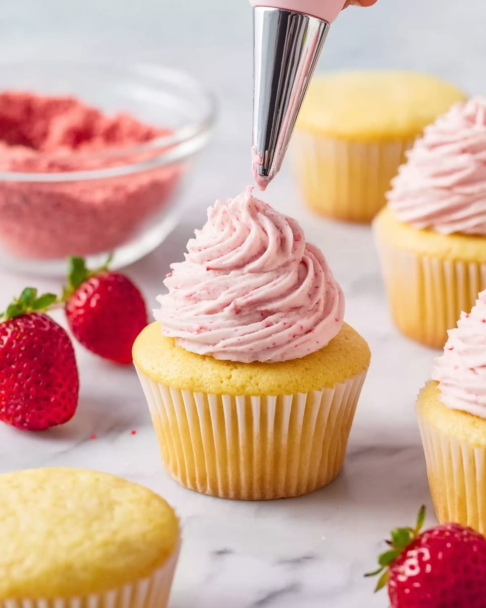 A single yellow cupcake with a white liner sits on a white marbled surface, surrounded by more plain yellow cupcakes. A woman's hand squeezes a piping bag with pink strawberry frosting, creating a tall swirl on top of the cupcake, textured with bits of strawberries. Two whole fresh strawberries rest nearby, and a clear glass bowl filled with freeze-dried strawberries is visible in the background. The scene is bright and clean, focusing on the frosting process. photo taken with an iphone --ar 4:5 --v 7