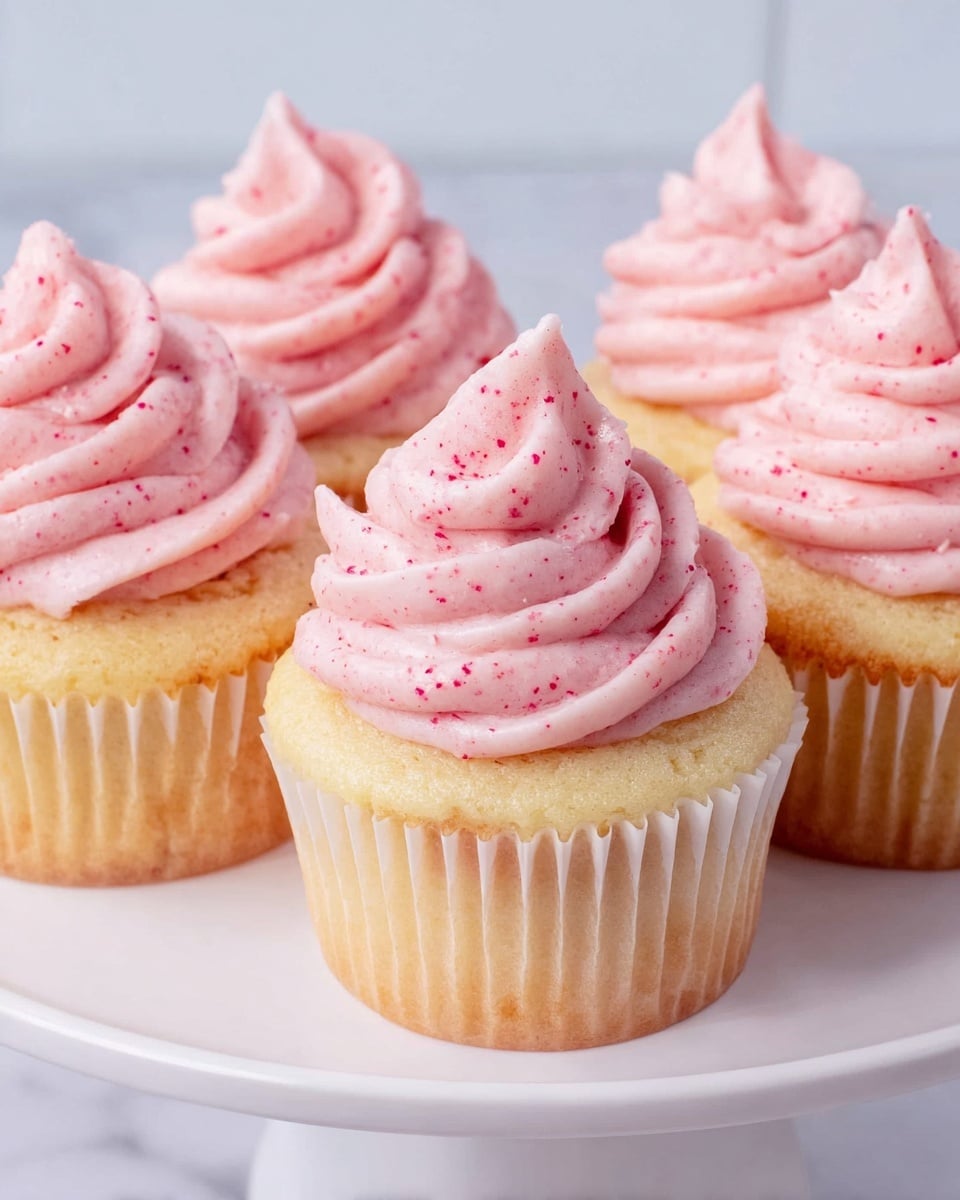 The image shows five cupcakes with two main layers. The bottom layer is a pale yellow cake with soft, slightly textured sides visible through thin white cupcake wrappers. The top layer is a thick swirl of light pink frosting, speckled with tiny red bits, rising in smooth, rounded spirals with a slightly pointed tip on each cupcake. The cupcakes are arranged closely together on a white plate, all positioned on a white marbled surface with a plain light background. photo taken with an iphone --ar 4:5 --v 7