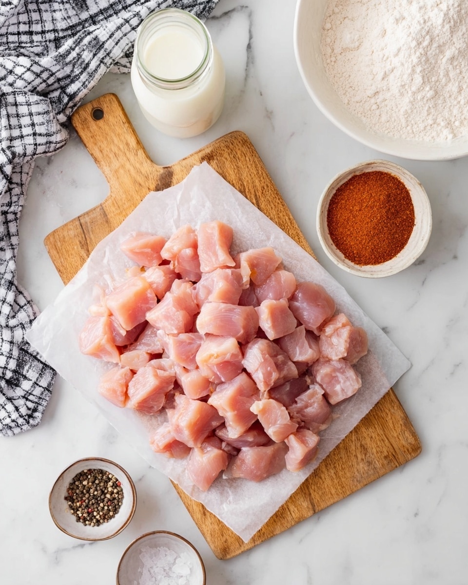 This image shows a wooden board with a sheet of white parchment paper on top holding many pieces of raw pink chicken cut into small cubes. The board sits on a white marbled surface. To the top right, there is a white bowl filled with white flour, and next to it, a small white bowl with reddish-brown spice powder. Above the board, there is another small white bowl containing black and white pepper. To the left, a glass bottle of milk and a black and white checkered cloth are partially visible. The scene is bright and clean. photo taken with an iphone --ar 4:5 --v 7