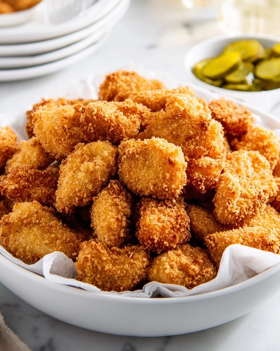 A white bowl filled with many pieces of golden brown fried chicken nuggets, each nugget covered in a crispy, crumbly coating with a rough texture. The nuggets are stacked high, resting on a white paper towel inside the bowl. In the background, there are blurred slices of green pickles on the right and some white plates and bowls on a white marbled surface. The lighting is soft and natural, highlighting the crunchy texture of the chicken nuggets. photo taken with an iphone --ar 4:5 --v 7
