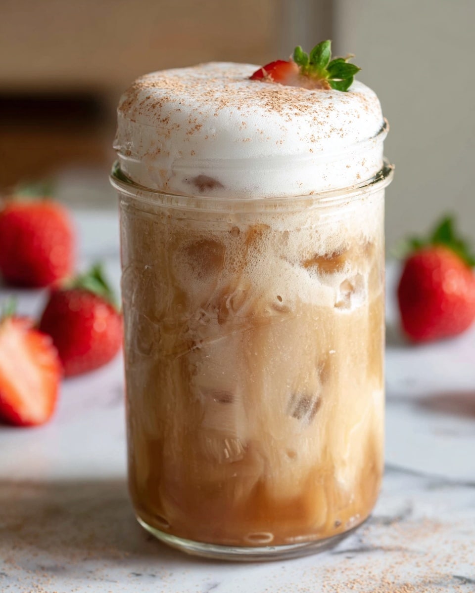 The image shows a clear glass jar filled with a layered iced drink. The bottom layer is a light brown liquid with a smooth texture. Above it, there is a creamy, lighter layer mixing slightly with the brown, with ice cubes spread throughout. On top, there is a thick, frothy white foam that spills a little over the jar’s rim. The foam is dusted with a light brown powder, and a small slice of a red strawberry with a green leaf is placed as a garnish on the foam. The jar sits on a white marbled surface, with fresh red strawberries blurred in the background. Photo taken with an iphone --ar 4:5 --v 7