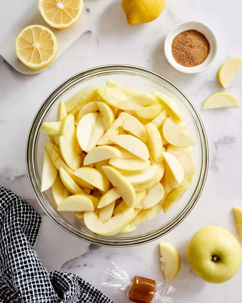 Caramel Apple Pie Recipe 5 A clear glass bowl filled with many pale yellow apple slices, some cut into wedges and placed randomly inside. Around the bowl, a yellow lemon is cut in half, showing the inside texture, with one half placed on the white marbled surface alongside the bowl. There is also a white plate visible at the top edge, containing a small pile of cinnamon powder. A black and white checkered cloth is folded near the bottom left corner, partially in the frame. A single lemon candy wrapped in gold and white foil lies near the bottom center of the scene. The background is a white marbled texture. photo taken with an iphone --ar 4:5 --v 7