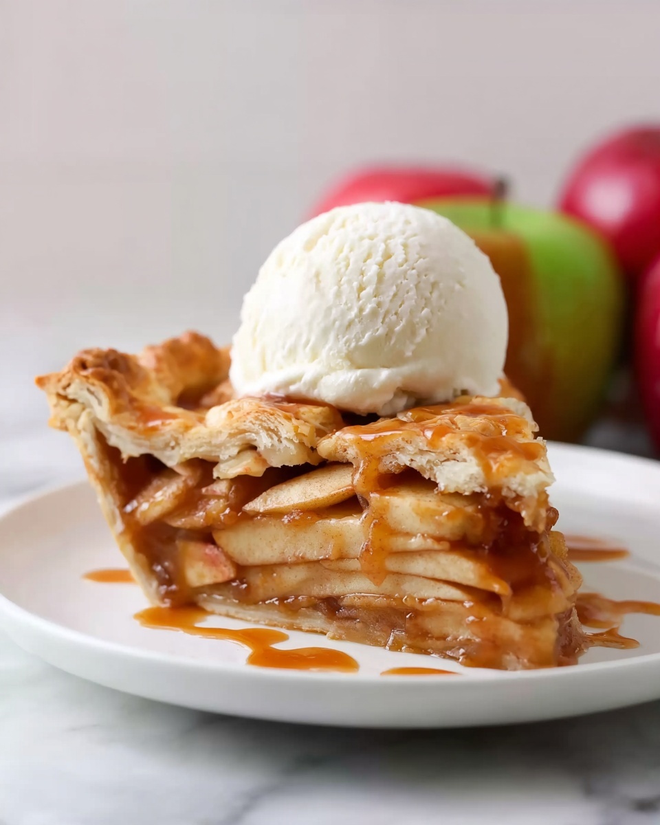 Caramel Apple Pie Recipe 6 A slice of apple pie with many layers of thin apple slices that are light brown and soft, packed tightly inside a flaky, golden-brown crust. On top of the apple pie slice is a round scoop of white vanilla ice cream with a smooth texture, and some caramel sauce drizzled over both the ice cream and pie. The slice sits on a simple white plate, placed on a surface with a white marbled texture. In the background, blurred red and green apples are visible, adding a cozy feeling. Photo taken with an iphone --ar 4:5 --v 7