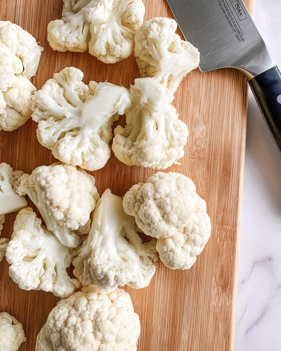 Several white cauliflower florets with bumpy textures and thick stems are spread across a light wooden cutting board. The board shows natural grain and warm tones. In the top right corner, there is a large metal kitchen knife with a black handle and inscriptions on the blade. The background has a clean white marbled texture. photo taken with an iphone --ar 4:5 --v 7