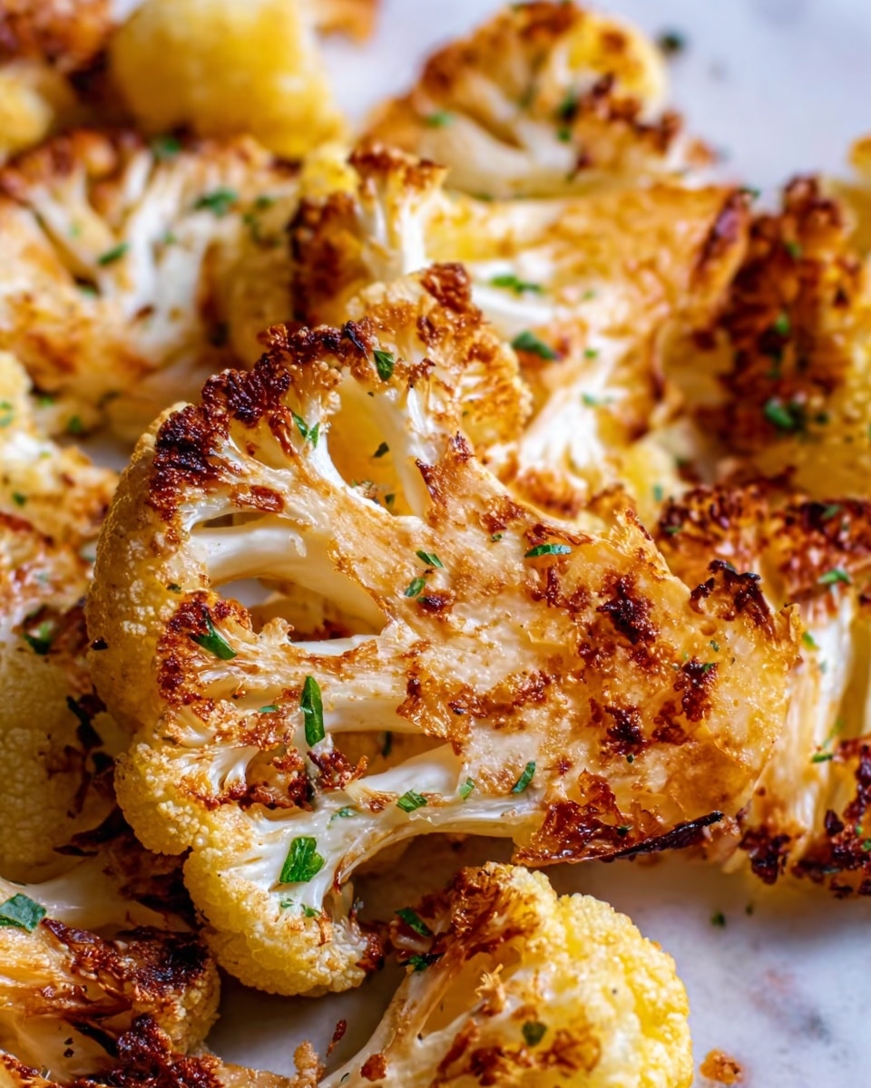 The image shows close-up roasted cauliflower pieces with golden brown edges and slightly crispy texture. The cauliflower is cut into thick slices, with each slice showing white and light tan colors, some parts caramelized to a rich amber shade. Small bits of green herbs are sprinkled on top for a fresh touch, and the cauliflower is arranged closely on a white marbled surface. Light shines on the vegetables, highlighting their crunchy surfaces and soft inner parts. A woman's hand is gently holding one cauliflower piece from the side of the image, adding a sense of scale and interaction. photo taken with an iphone --ar 4:5 --v 7