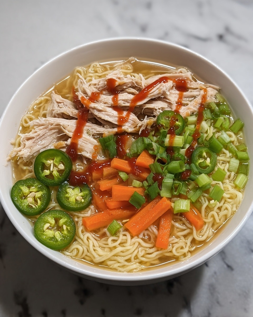 In a white bowl, there is a noodle soup with three layers visible: the bottom layer is clear broth, the middle layer is cooked thin yellow noodles filling most of the bowl, and the top layer has pieces of light-colored cooked chicken, bright orange carrot sticks, chopped green onions, and round green jalapeño slices. On the surface, a drizzle of red sauce is scattered over the top. The bowl is placed on a white marbled surface. Photo taken with an iphone --ar 4:5 --v 7