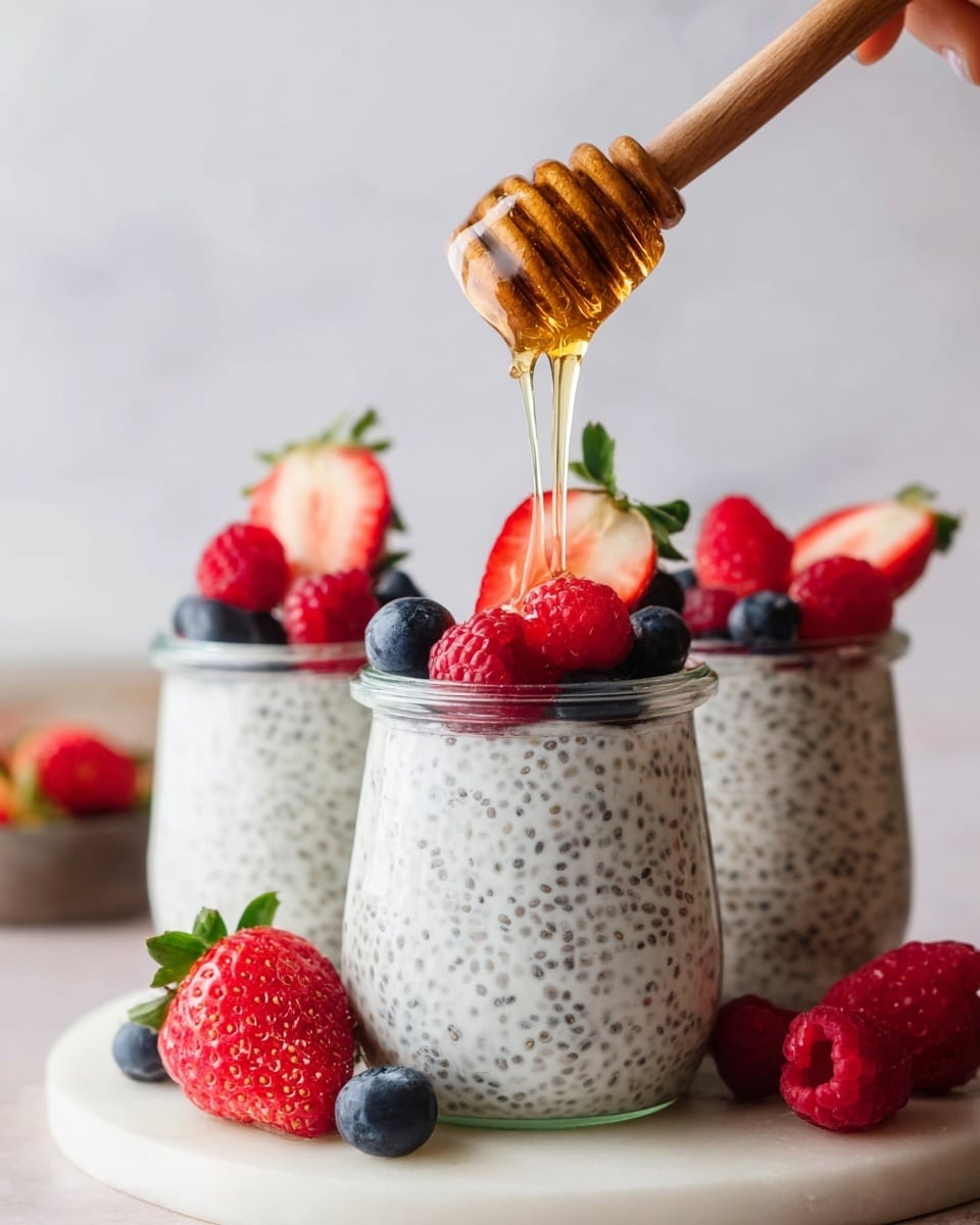 The image shows three small glass jars filled with creamy white chia pudding that has tiny black chia seeds spread evenly throughout. Each jar is topped with fresh berries: bright red raspberries, dark blue blueberries, and a sliced red strawberry with a green leafy top. A wooden honey dipper held by a woman’s hand drips golden honey above the front jar, highlighting the smooth texture of the honey. The jars sit on a round white marble surface, which also holds additional whole strawberries and raspberries scattered around for decoration. The background is a soft white marble texture that complements the fresh, light tone of the dish, photo taken with an iphone --ar 4:5 --v 7