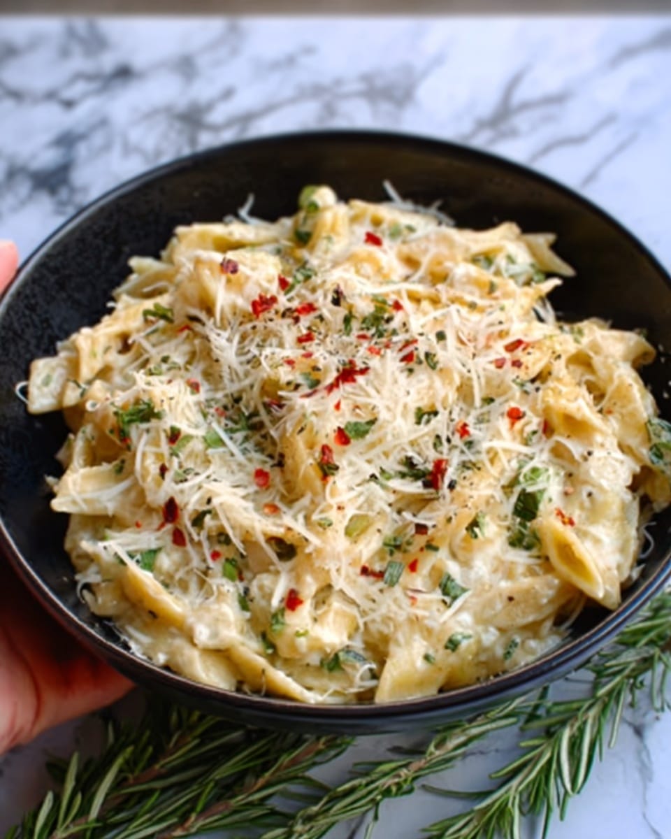 The image shows a black bowl filled with creamy pasta. The pasta is layered with a white cheese sauce and topped with shredded white cheese. Small green herbs are mixed in, adding some color. Thin strips of red pepper flakes are sprinkled lightly on top. The bowl is placed on a surface with a white marbled texture, and there are green rosemary sprigs around the bowl at the bottom edge. A woman’s hand is holding the bowl from the side. Photo taken with an iphone --ar 4:5 --v 7