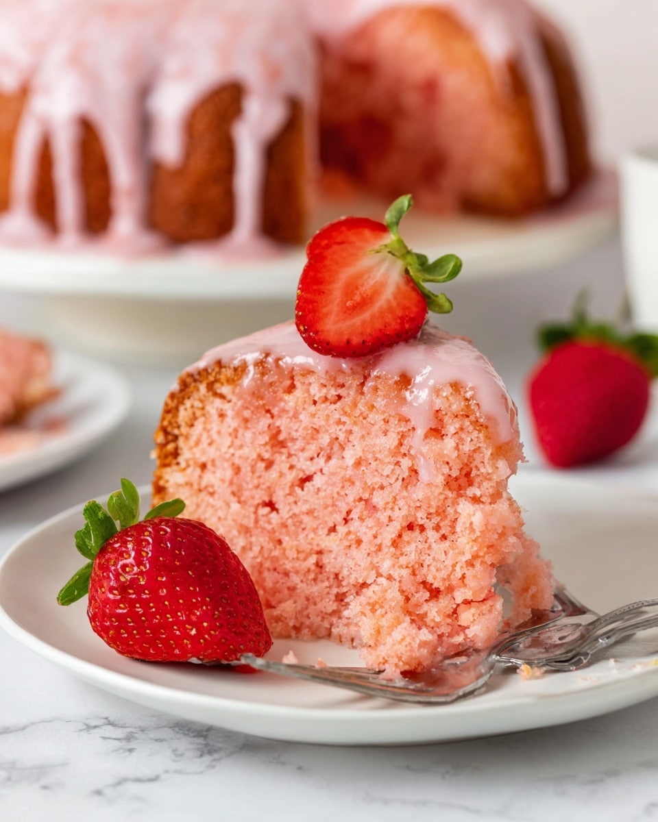 A slice of pink strawberry cake with one layer, soft and moist with a light pink glaze dripping down the sides. On top of the cake slice is a half strawberry with a bright red color and green leaves. A whole red strawberry with green leaves sits beside the cake slice on a white plate. A silver fork rests on the plate with a small bite of the pink cake covered in glaze. In the background, there is the rest of the round strawberry cake with the same pink glaze dripping down its sides, all set on a white marbled surface. Photo taken with an iphone --ar 4:5 --v 7