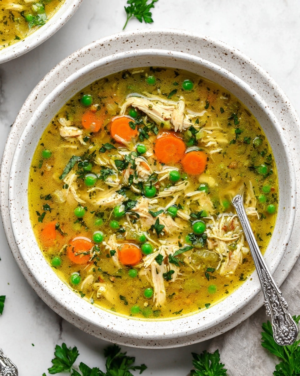 The image shows a white bowl placed on a white speckled plate, filled with chicken soup that has a yellowish broth. The soup has visible layers of shredded chicken pieces, bright green peas, and orange carrot slices scattered evenly throughout. Small bits of green herbs float on top, adding fresh color. A silver spoon with a detailed handle is placed inside the bowl on the right side. The setting is on a white marbled surface with some green parsley leaves partially visible near the edges. photo taken with an iphone --ar 4:5 --v 7