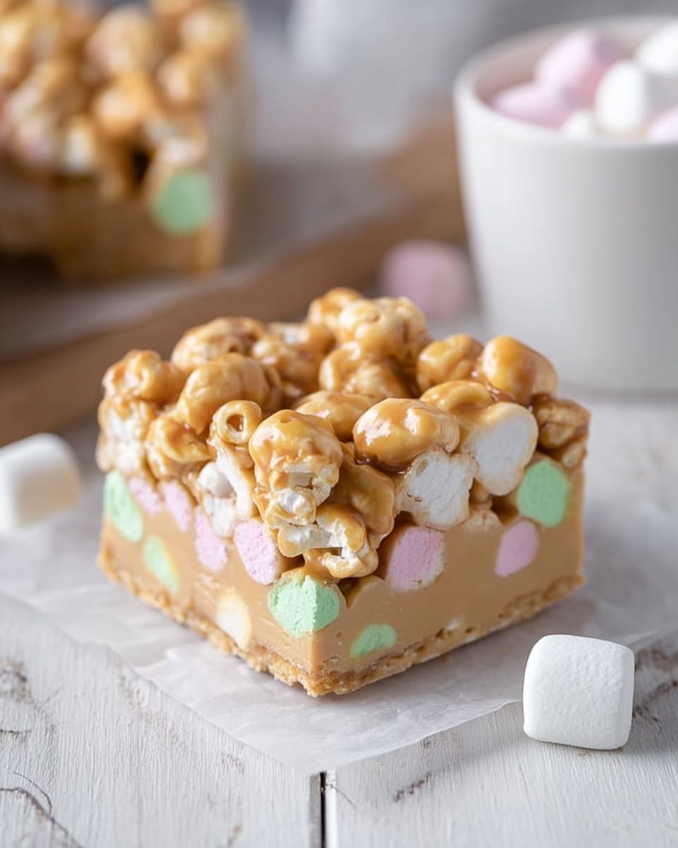 A close-up of a square dessert on a piece of white parchment paper over a white marbled surface. The dessert has two visible layers: the bottom layer is a thick, smooth beige base with pastel-colored marshmallows (pink, green, white) embedded inside, giving it a soft, uneven texture around the edges. The top layer is covered with a chunky cluster of light brown caramel-coated popcorn that adds a bumpy and shiny texture on the surface. There is one white marshmallow lying on the parchment paper beside the dessert. In the background, there is a blurred white cup and a beige box with pastel marshmallows faintly visible. photo taken with an iphone --ar 4:5 --v 7