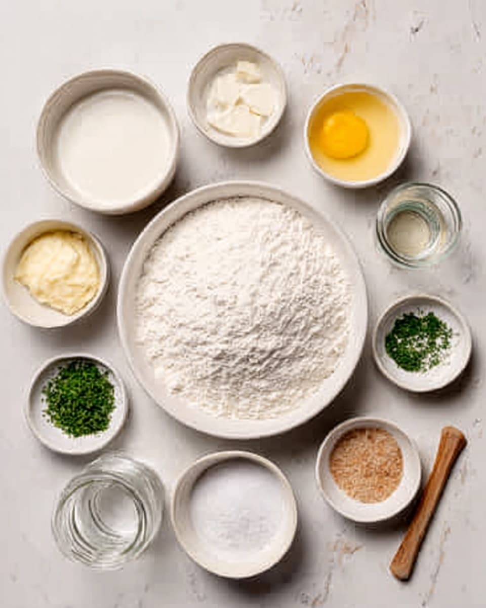 The image shows a top view of various ingredients arranged neatly on a white marbled surface. In the center, there is a large white bowl filled with white flour. Surrounding it are smaller white bowls holding different ingredients: one with a white liquid milk, one with a beaten yellowish substance, one with off-white granulated sugar, one with finely chopped green herbs, one with small white granules like salt, and another with ground light brown powder like cinnamon or nuts. There is also a small glass container with a clear liquid and a wooden stick. The scene looks clean and ready for baking preparation, photo taken with an iphone --ar 4:5 --v 7