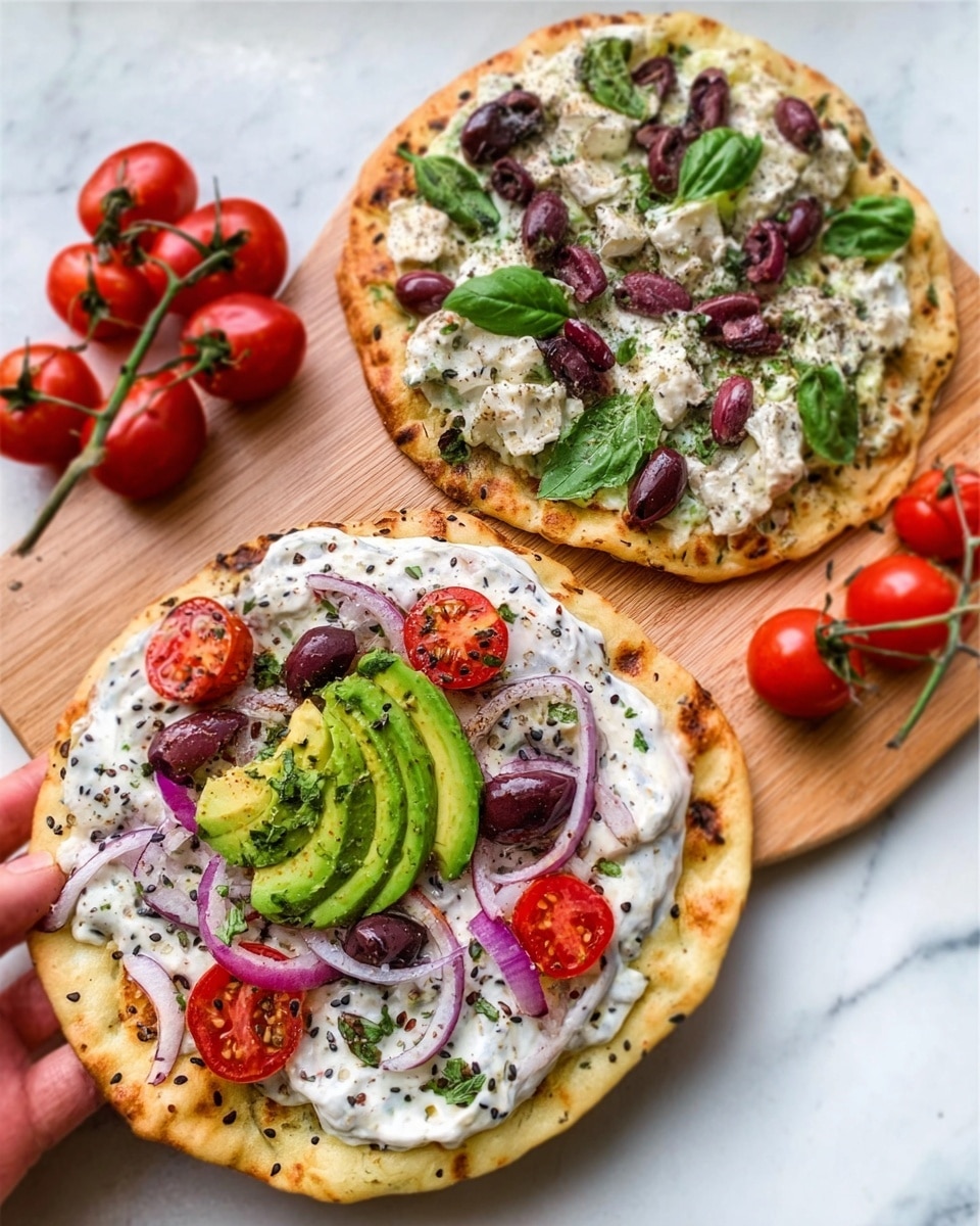 Two flat round breads on a white plate, each topped with different ingredients. The first flatbread has a thick white sauce base with black seeds, topped with halved red cherry tomatoes, slices of red onion, and a large slice of green avocado placed on one side. The second flatbread has a spread of white cheese, dark purple olives, fresh green basil leaves, and small red grape tomatoes, all on top of a golden-brown crispy base. Both flatbreads sit on a white marbled surface with some scattered cherry tomatoes and a woman's hand holding a bunch of cherry tomatoes nearby. photo taken with an iphone --ar 4:5 --v 7