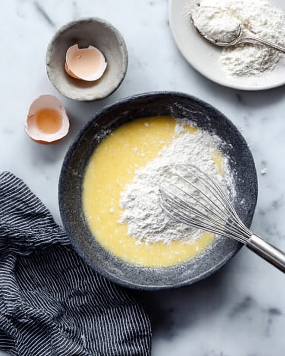 A dark bowl on a white marbled surface holds a yellow liquid with flour on top, being mixed with a silver whisk. Beside the bowl, an empty small white bowl and a cracked eggshell rest. A white plate with some flour and a spoon is partially visible in the top right. A dark cloth with white stripes is on the bottom left. Photo taken with an iphone --ar 4:5 --v 7