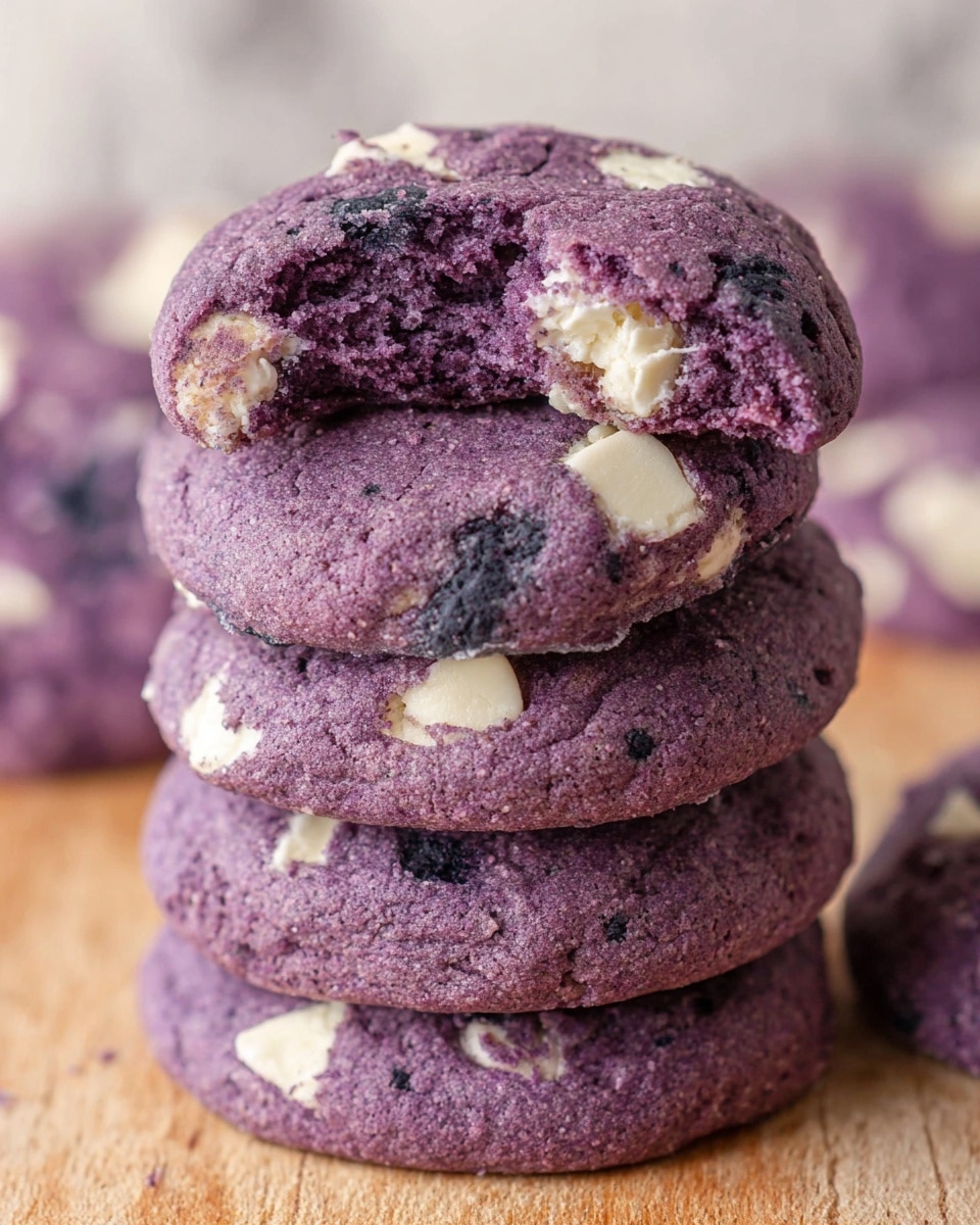 A stack of five purple cookies with white chunks is shown on a light wooden surface with a white marbled background. The top cookie is half eaten, showing a soft and slightly crumbly purple inside with bits of white filling. Each cookie has a rough texture with visible small dark spots and uneven cracks, while the white pieces stand out on the surface. The scene has a close-up view capturing the thick, moist texture of the cookies. Photo taken with an iphone --ar 4:5 --v 7