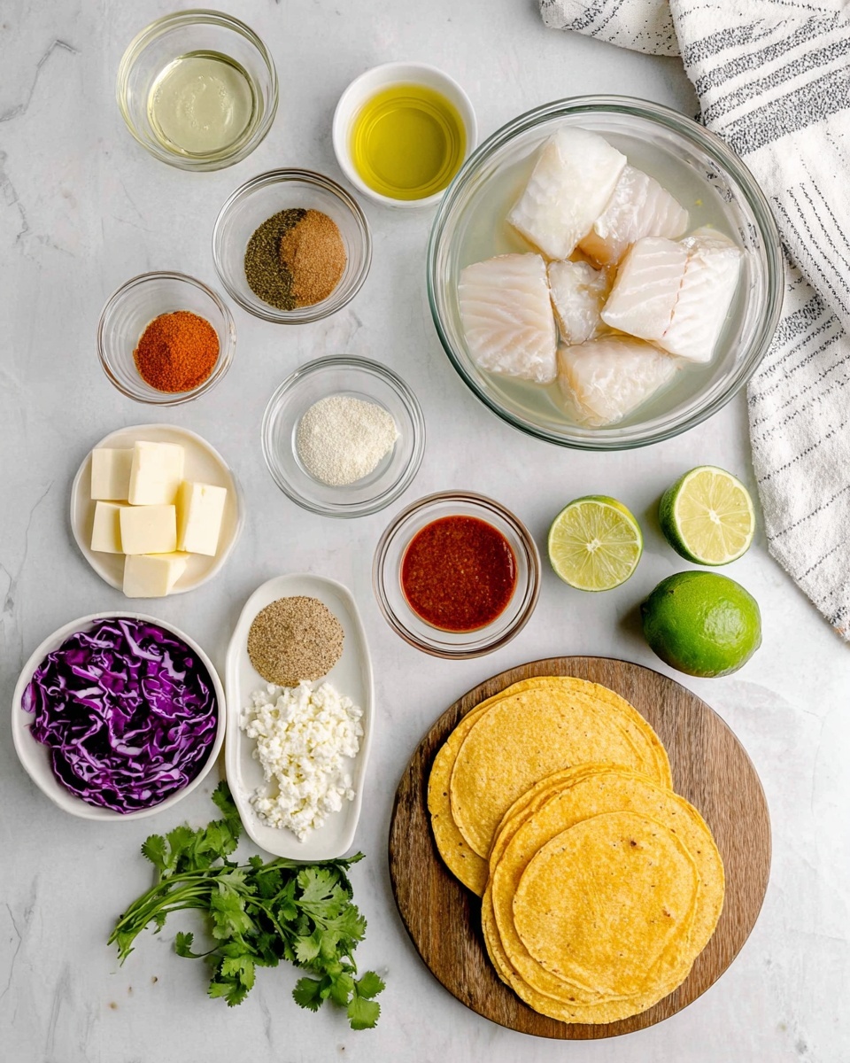 A top view of raw taco ingredients arranged neatly on a white marbled surface, showing clear glass and white bowls. On the right side, a large clear glass bowl holds thick white and light beige fish pieces in water. Below it, a round wooden board has three golden yellow corn tortillas stacked on the right side. Next to the tortillas, a small white bowl contains crumbly white cheese. Two lime halves, one whole lime, and fresh green cilantro sprigs are also on the board. Below the board, a white bowl is filled with shredded purple cabbage. To the left of the board, a small white bowl holds cubes of cream-colored butter, and nearby is a small glass bowl with pale yellow olive oil. Above, a white plate displays six different powdered spices in circular piles with different colors including rusty orange, light yellow, brown, and green. Above the spices, four small clear glass bowls contain, from left to right: chopped green herbs, thick beige sauce, white creamy sauce, and red thick sauce. A half lime and a striped white and gray cloth are placed in the top right corner. Photo taken with an iphone --ar 4:5 --v 7