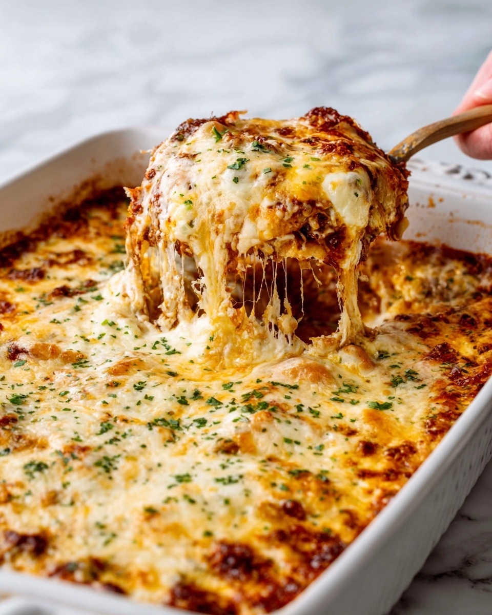 The image shows a large white rectangular baking dish filled with a cheesy layered dish. The top layer is golden-brown melted cheese that is bubbly and slightly crispy around the edges, with small green herbs sprinkled all over. A woman’s hand is lifting a large scoop from the dish, pulling up stringy, melted cheese that stretches from the scoop to the rest of the dish. The dish underneath the cheese looks thick and has a rich, saucy texture with bits of browned edges visible. The background is a white marbled surface. Photo taken with an iphone --ar 4:5 --v 7