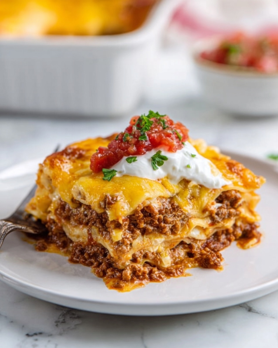 The image shows a square piece of lasagna on a white plate, placed on a white marbled surface. The lasagna has several visible layers starting with a bottom pasta layer, followed by a thick, brown cooked minced meat layer mixed with sauce, then another pasta layer, more meat sauce, and a final pasta layer topped with melted bright yellow cheese. On top, there is a dollop of white sour cream and a small spoon of chunky red tomato salsa with some green herbs sprinkled on top. A woman's hand is holding a fork lifted from the lasagna. The background is softly blurred with a white ceramic dish filled with more lasagna. Photo taken with an iphone --ar 4:5 --v 7
