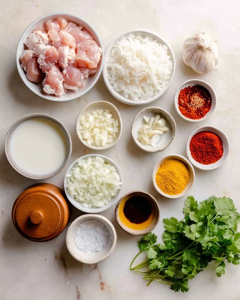 The image shows a flat lay of multiple bowls and containers with ingredients arranged neatly on a white marbled surface. There are nine white bowls or small plates, each filled with different ingredients: one with light pink raw chicken pieces, one with chopped white onions, one with cooked white rice, one with a white liquid, likely coconut milk, and smaller bowls with bright red spices, a dark red paste, some yellow liquid, garlic cloves, and dried herbs. A small wooden container with its lid and salt is also in the frame. Fresh green cilantro is placed near the bottom right corner. The colors are soft and natural, and the composition is clean and ordered. photo taken with an iphone --ar 4:5 --v 7