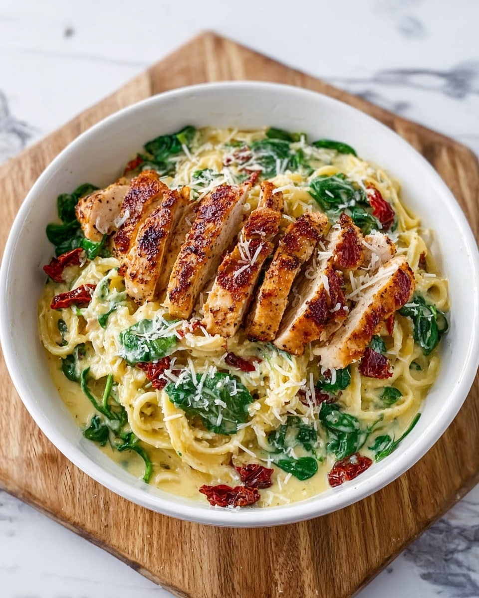 The image shows a white bowl filled with creamy pasta that has a light yellow sauce. Mixed into the pasta are bright green spinach leaves and small pieces of dark red sun-dried tomatoes. On top of the pasta, there are five pieces of grilled chicken with a golden-brown crust, arranged in a row. The dish is sprinkled with grated cheese, adding a slightly white texture over the pasta and chicken. The bowl sits on a light brown wooden board, all placed on a white marbled surface. photo taken with an iphone --ar 4:5 --v 7