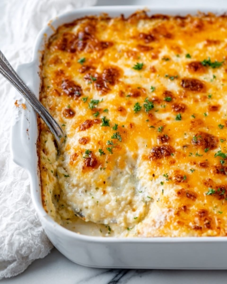The image shows a close-up of a white rectangular baking dish filled with a cheesy casserole. The top layer is golden brown melted cheese with small browned spots and a few green parsley sprinkles for garnish. A silver spoon is scooping out a portion from the upper left side, revealing a creamy, light-colored filling underneath with a soft, smooth texture. The dish rests on a white marbled surface with a folded white cloth partially visible on the left side. photo taken with an iphone --ar 4:5 --v 7