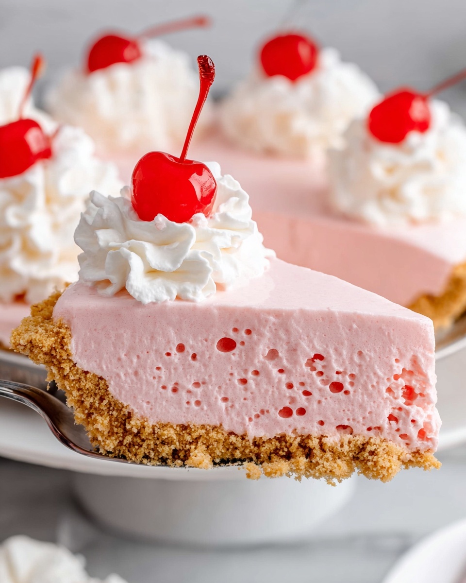 A close-up of a slice of pink mousse pie with a crumbly golden crust at the bottom. The mousse layer is thick, creamy, and light pink, showing a soft, airy texture with small bubbles inside. On top of the mousse is a dollop of white whipped cream with a bright red cherry placed on it. The slice is being held above a white marbled surface, and in the background, the rest of the pie is decorated with similar dollops of whipped cream and red cherries, all presented on a white plate. Photo taken with an iphone --ar 4:5 --v 7