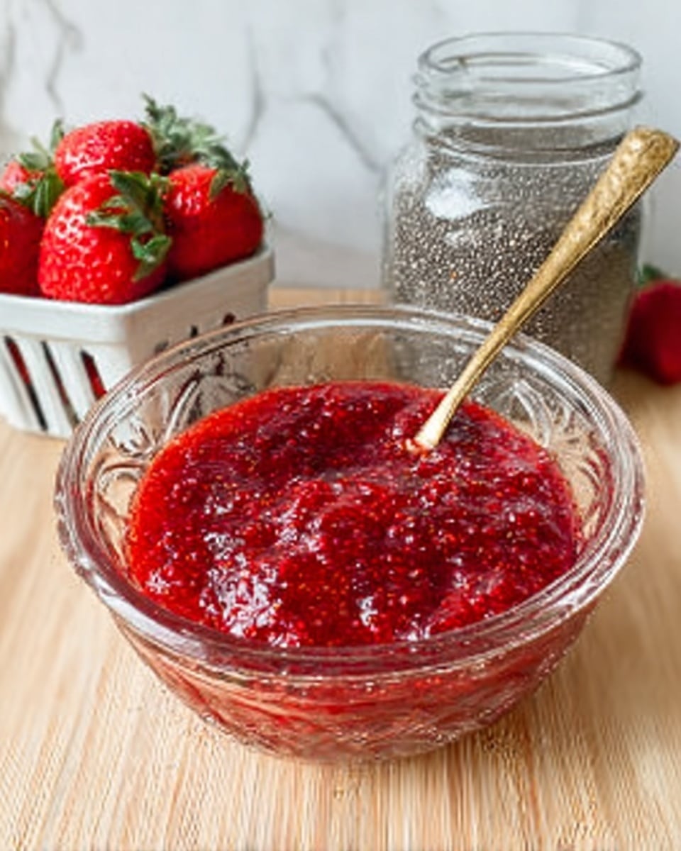 A clear glass bowl filled with bright red strawberry jam that has a thick, slightly chunky texture, visible small strawberry pieces mixed throughout, and a shiny surface. A gold spoon rests inside the bowl, partially covered by the jam. Behind the bowl is a jar filled with small black chia seeds and a white container holding fresh strawberries. The whole setup sits on a light wood surface with a white marbled background. photo taken with an iphone --ar 4:5 --v 7