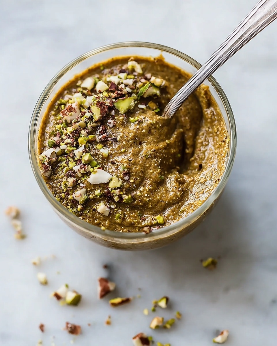 A clear glass bowl filled with a thick, brownish-green paste that has a slightly grainy texture, topped with small pieces of crushed green and brown nuts scattered on the surface. A silver spoon with some of the paste on it is resting inside the bowl, which is placed on a white marbled surface. Some nut pieces are also scattered around the bowl. The overall look shows a textured, creamy mixture with nut bits mixed throughout and sprinkled on top. Photo taken with an iphone --ar 4:5 --v 7