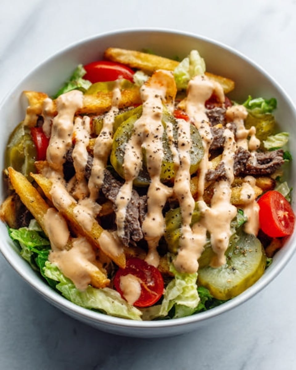 A white bowl filled with a salad showing multiple layers: at the bottom, chopped green lettuce leaves create a fresh bed; on top of the lettuce, there are thin slices of beef and golden, crispy French fries placed in a scattered pattern; mixed in are small red cherry tomato halves and green pickle slices adding color contrast; creamy beige sauce with dark seasoning is drizzled generously over the top in a zigzag style; the texture of the sauce looks smooth and slightly thick. The bowl is set on a white marbled surface. Photo taken with an iphone --ar 4:5 --v 7